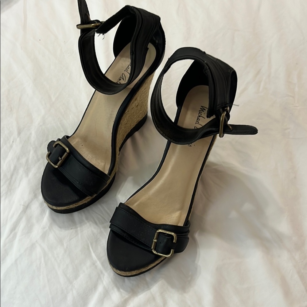 Michael Antonio Black Wedge Sandals with Ankle Straps
